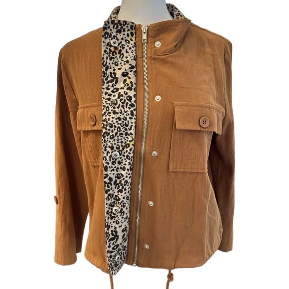 En Creme Zip Up Brown Jacket Animal Print Trim Women’s Size S - Picture 2 of 7